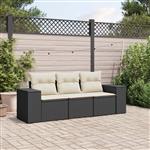 vidaXL 3-delige Loungeset met kussens poly rattan zwart