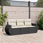 vidaXL 3-delige Loungeset met kussens poly rattan zwart