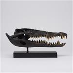 sculptuur, Saltwater Crocodile Skull fashioned in bronze, on custom stand - Bronze - 18 cm - Brons