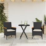 vidaXL 3-delige Bistroset met kussens poly rattan en glas zwart