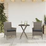 vidaXL 3-delige Bistroset met kussens poly rattan en glas grijs