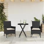 vidaXL 3-delige Bistroset met kussens poly rattan en glas zwart