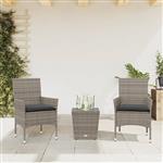 vidaXL 3-delige Bistroset met kussens poly rattan en glas grijs