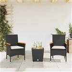 vidaXL 3-delige Bistroset met kussens poly rattan en glas zwart