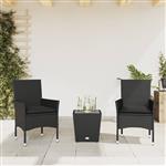 vidaXL 3-delige Bistroset met kussens poly rattan en glas zwart