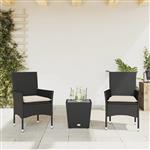 vidaXL 3-delige Bistroset met kussens poly rattan en glas zwart