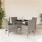 vidaXL 5-delige Tuinset met kussens poly rattan en glas grijs