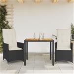 vidaXL 3-delige Bistroset met kussens poly rattan en acaciahout zwart