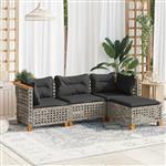 vidaXL 4-delige Loungeset met kussens poly rattan grijs