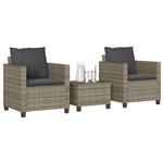 vidaXL 3-delige Bistroset met kussens poly rattan grijs