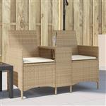 vidaXL Tuinbank 2-zits met tafel en kussens poly rattan beige