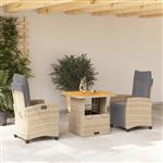 vidaXL 3-delige Tuinset met kussens poly rattan beige