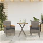 vidaXL 3-delige Bistroset met kussens poly rattan en acaciahout grijs