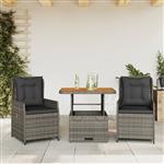 vidaXL 3-delige Bistroset met kussens poly rattan grijs