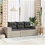 vidaXL 3-delige Loungeset met kussens poly rattan lichtgrijs