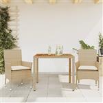 vidaXL 3-delige Tuinset met kussens poly rattan en acaciahout beige