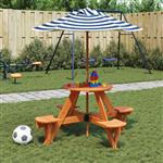 vidaXL Picknicktafel voor 4 kinderen met parasol rond vurenhout