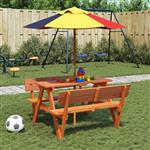 vidaXL Picknicktafel voor 4 kinderen met parasol massief vurenhout