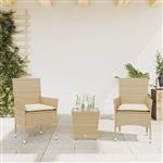 vidaXL 3-delige Bistroset met kussens poly rattan en glas beige