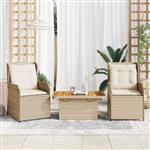 vidaXL 3-delige Loungeset met kussens poly rattan beige