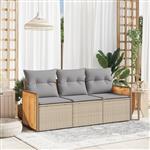 vidaXL 3-delige Loungeset met kussens poly rattan beige