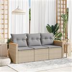 vidaXL 3-delige Loungeset met kussens poly rattan beige