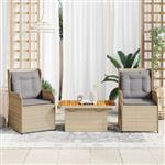 vidaXL 3-delige Loungeset met kussens poly rattan beige