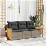 vidaXL 3-delige Loungeset met kussens poly rattan grijs