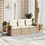 vidaXL 3-delige Loungeset met kussens poly rattan beige