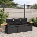 vidaXL 3-delige Loungeset met kussens poly rattan zwart