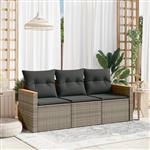 vidaXL 3-delige Loungeset met kussens poly rattan grijs