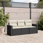 vidaXL 3-delige Loungeset met kussens poly rattan zwart