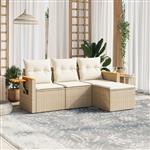 vidaXL 4-delige Loungeset met kussens poly rattan beige