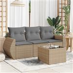 vidaXL 4-delige Loungeset met kussens poly rattan beige