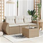 vidaXL 4-delige Loungeset met kussens poly rattan beige