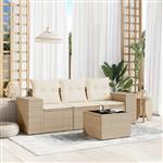 vidaXL 4-delige Loungeset met kussens poly rattan beige