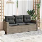 vidaXL 3-delige Loungeset met kussens poly rattan grijs