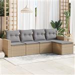 vidaXL 5-delige Loungeset met kussens poly rattan beige