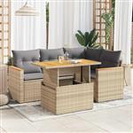 vidaXL 5-delige Loungeset met kussens poly rattan en acaciahout beige