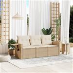 vidaXL 3-delige Loungeset met kussens poly rattan beige