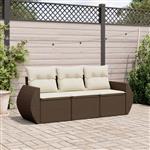 vidaXL 3-delige Loungeset met kussens poly rattan bruin