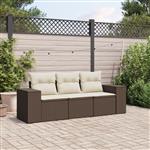 vidaXL 3-delige Loungeset met kussens poly rattan bruin