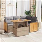 vidaXL 5-delige Loungeset met kussens poly rattan en acaciahout beige