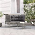 vidaXL 3-delige Loungeset met kussens poly rattan grijs