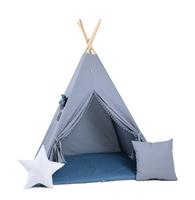 TIPI tent blauwgrijs met pompons TIPI Grijsblauw met  pompons + 2 kussens en mat