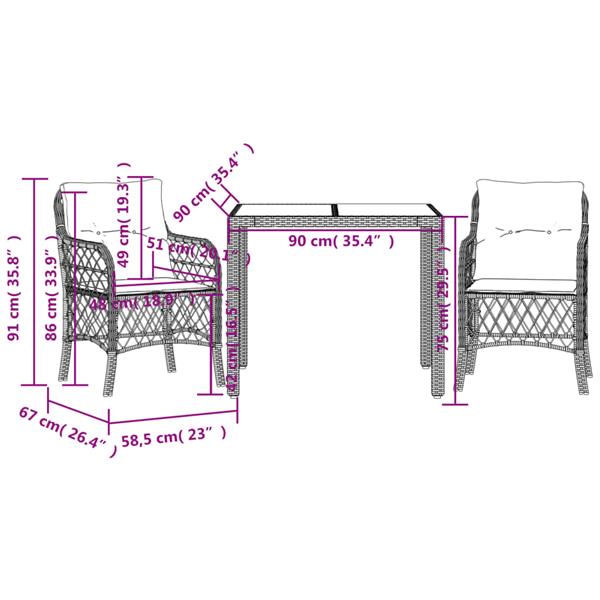 Grote foto vidaxl 3 delige bistroset met kussens poly rattan grijs tuin en terras tuinmeubelen