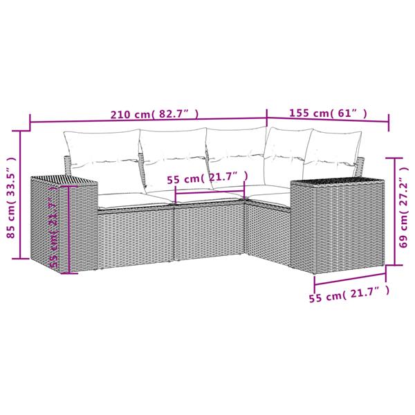 Grote foto vidaxl 4 delige loungeset met kussens poly rattan grijs tuin en terras tuinmeubelen