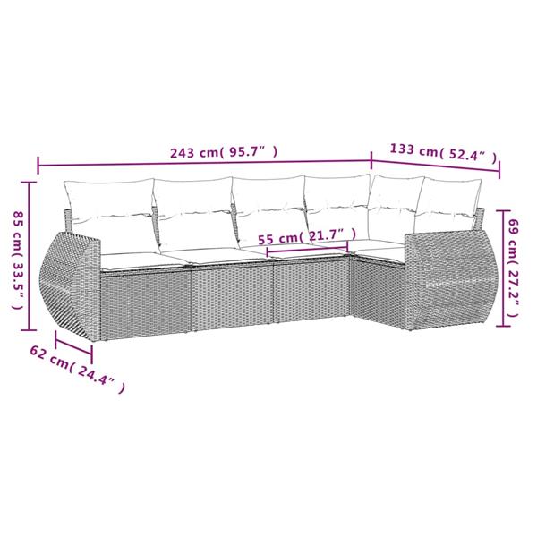 Grote foto vidaxl 5 delige loungeset met kussens poly rattan grijs tuin en terras tuinmeubelen