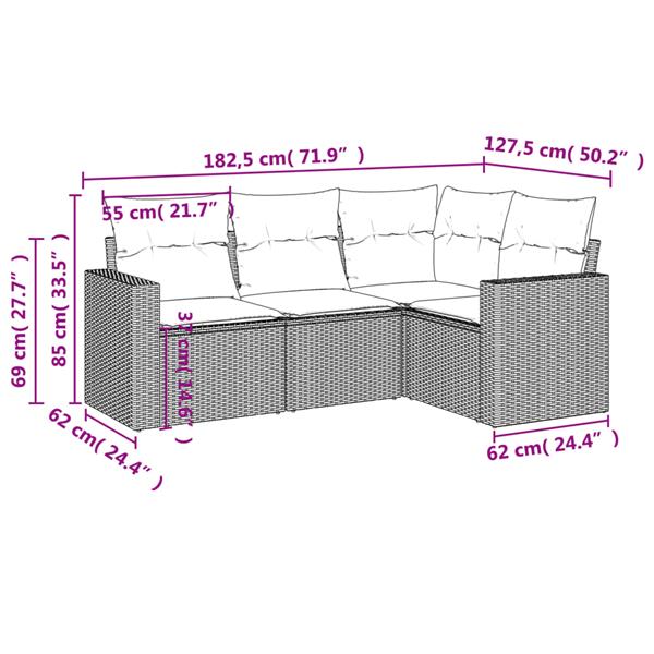 Grote foto vidaxl 4 delige loungeset met kussens poly rattan bruin tuin en terras tuinmeubelen