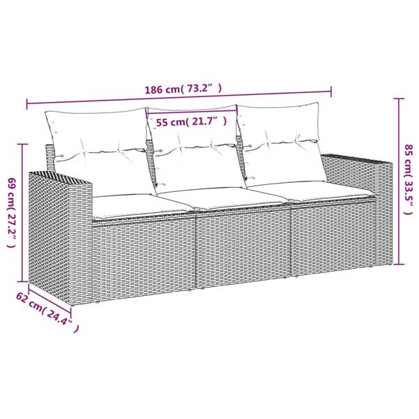 Grote foto vidaxl 3 delige loungeset met kussens poly rattan bruin tuin en terras tuinmeubelen